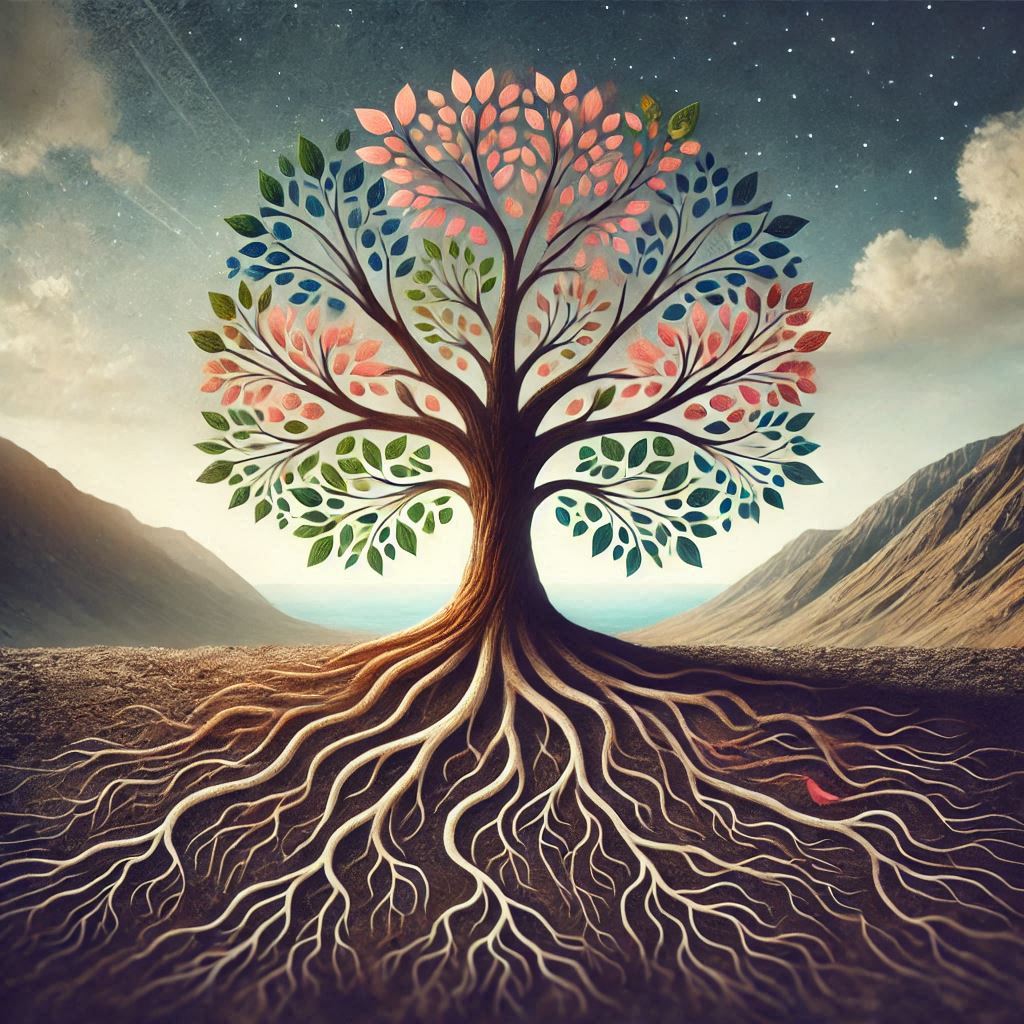 A symbolic tree with strong roots and branching paths, representing growth, stability, and innovation, embodying the essence of About Brand New.
