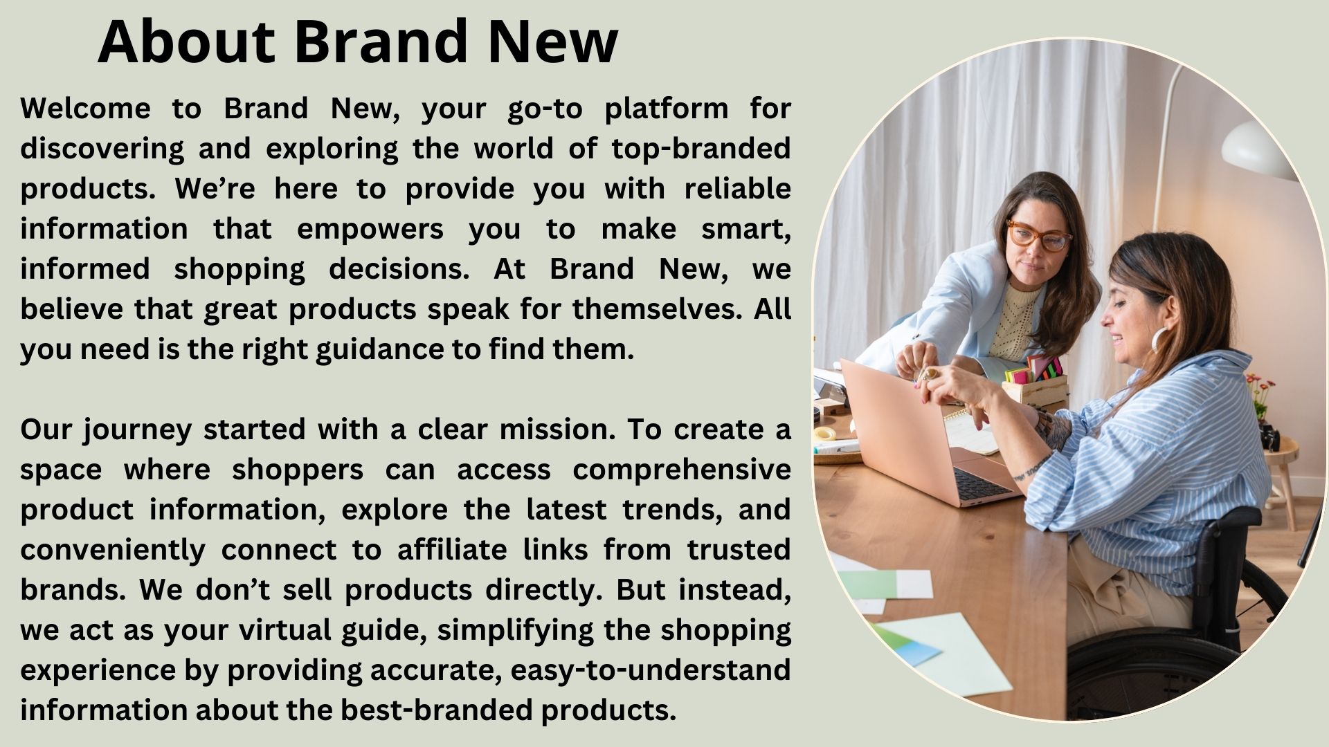 A woman explaining a concept to another woman with a clear 'Brand New' company